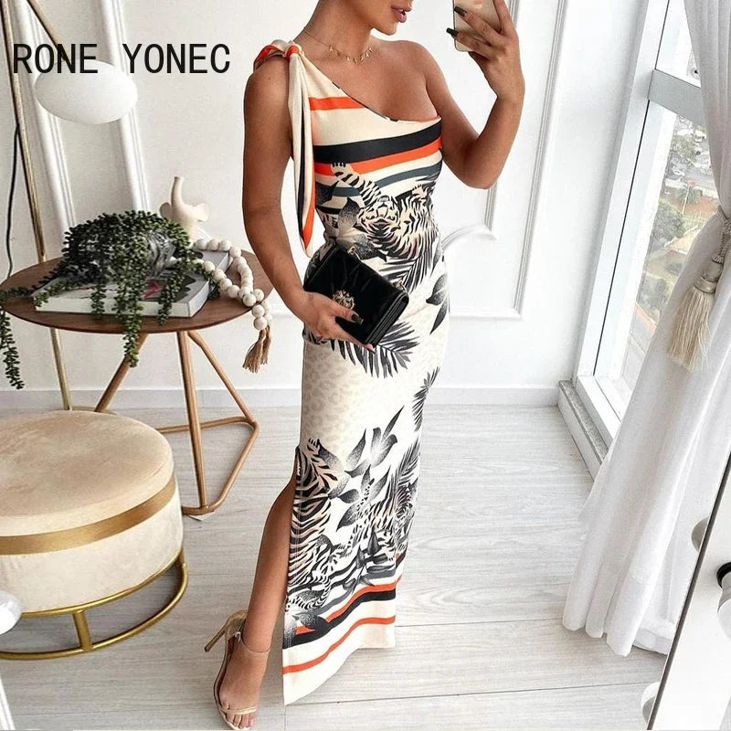 Women Elegant Dress All Over Print One Shoulder Side Slit Maxi Dress Summer Dress