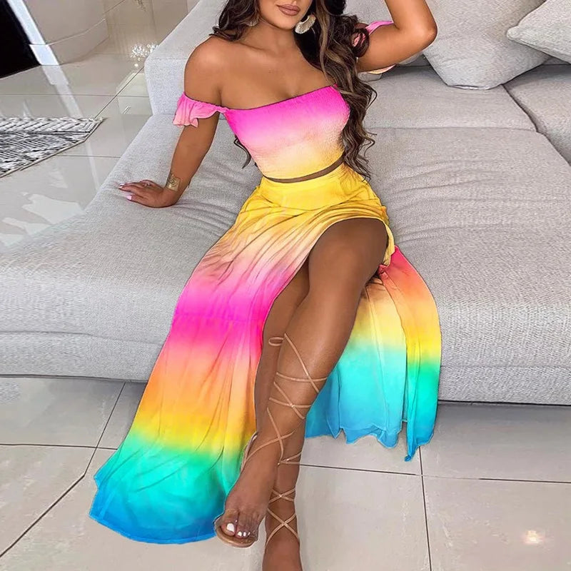 2024 Women's Summer New Fashionable and Beautiful Bohemian High Waist Printed One Line Neck Bra Strap Open Navel Set Dress