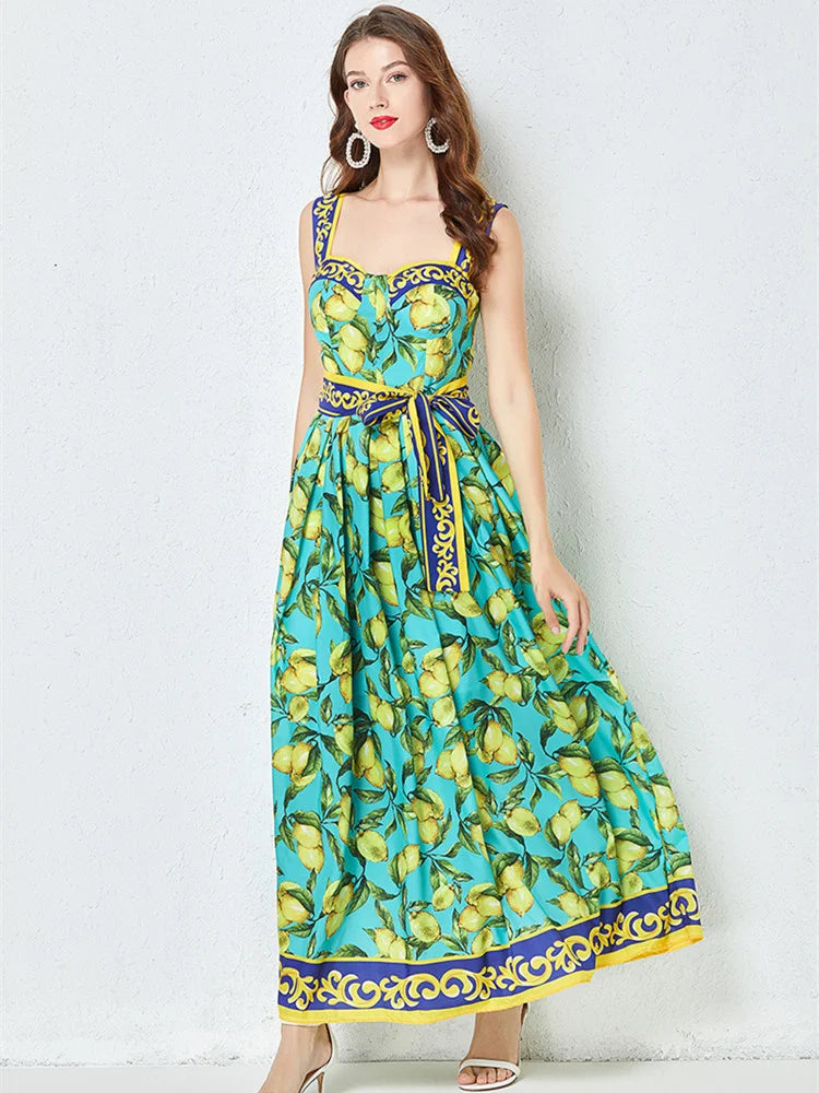 Runway Fashion Maxi Dress Summer Bohemian Spaghetti Strap Lemon Print Sundress Cup Padded Belted Elegant Backless Long Vestidos