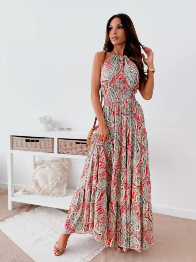 2024 New Women's Printed Tight Waist Fashion Dress Bohemian Open Back Beach Long Dress