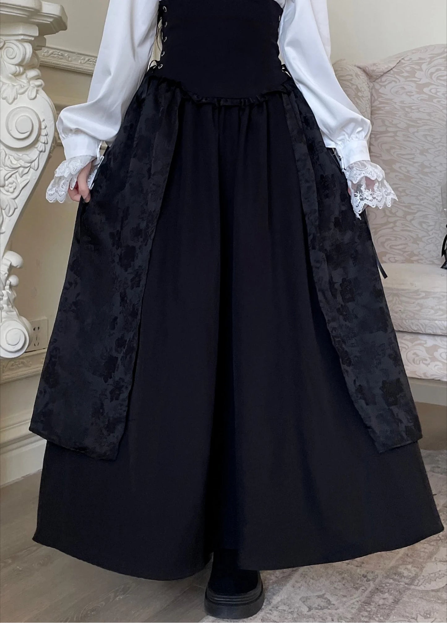 Gothic Lolita Sweet Lace-Up A-line Skirt Women's Autumn Winter Black High Waist Long Skirts and White Long Sleeve Shirt