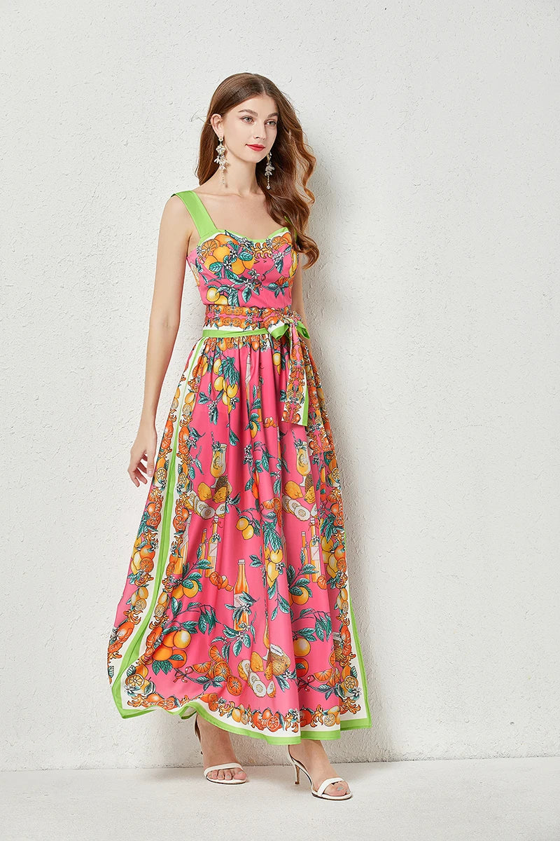 Runway Fashion Maxi Dress Summer Bohemian Spaghetti Strap Lemon Print Sundress Cup Padded Belted Elegant Backless Long Vestidos