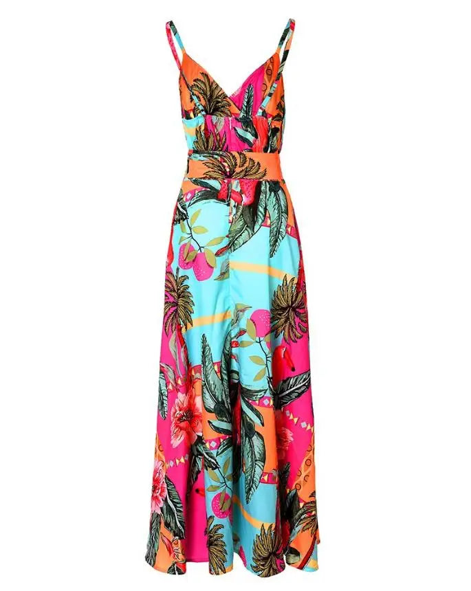 Women's Dress 2024 Summer Vacation Casual Boho Tropical Random Print V-Neck Sleeveless High Waist A Line Maxi Dress With Belt