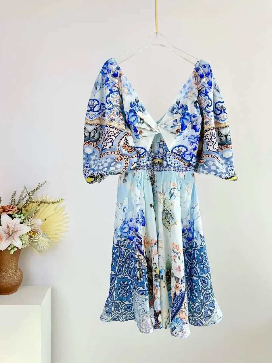 Flower Print Women's Silk Linen Mini Dress Heavy Beaded Cross V-Neck Puff Sleeve High Waist Fashion Ladies Short Robe