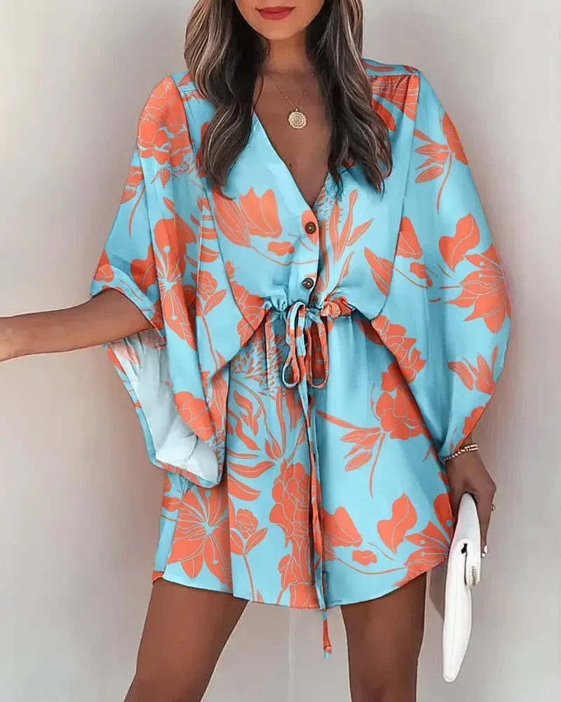 Women Summer Clothing Flying Sleeves V-neck Lace Up Floral Printed Beachwear Waisted Button Up Loose Geometric Dresses 3xl