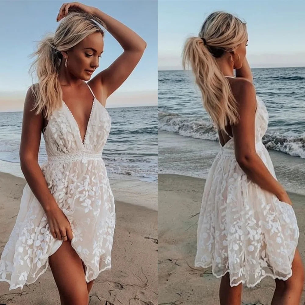 Boho Dress for Women, Maxi Sundress, Off Shoulder, Holiday Lace, V Neck, Spaghetti Strap, White Dress, Summer