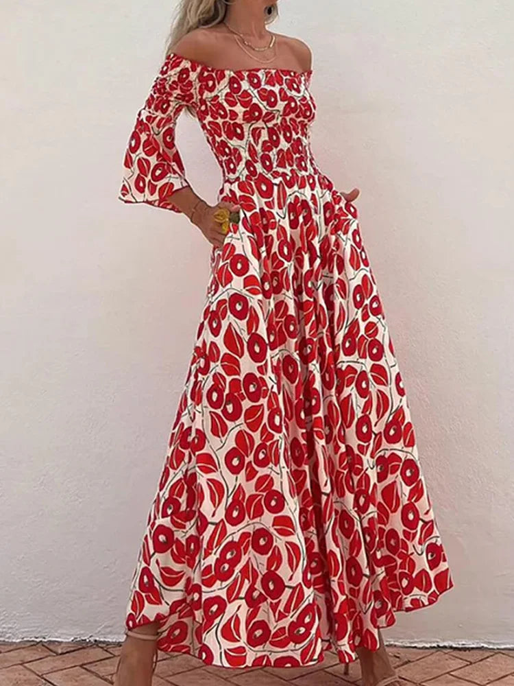 Fashion Printing Slash Neck Loungewear Dress, Women Spring Summer Flare Sleeve Backless Maxi Dress, Elegant Loose Ladies Dress