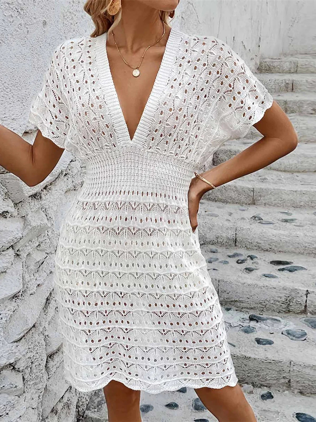 Short Sleeve V Neck Crochet Knitted Mini Dress Tunic Beach Cover Up Beach Dress Beach Wear Beachwear Female Women