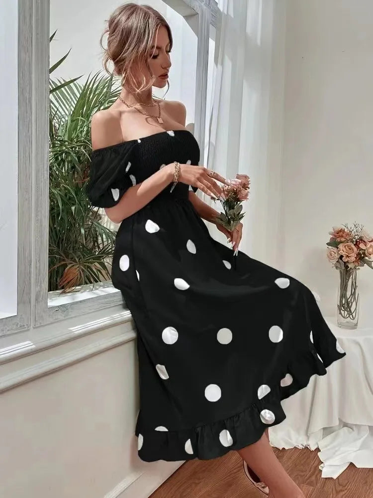 Bohemian Mid-Calf Dress Fashion Polka Dot Print Short Sleeve Dresses Summer Women Square Collar Beach Dress 2024 Spring New