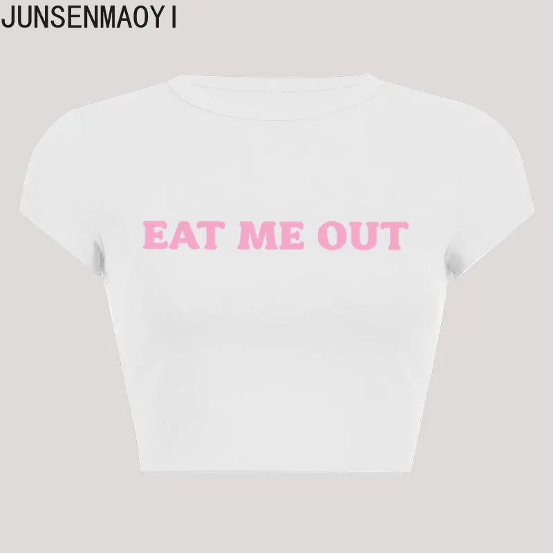 Eat Me Out Print Pattern Summer Short Sleeve O Neck Solid Color Cropped Navel Women Crop Tops Fashion T-Shirt