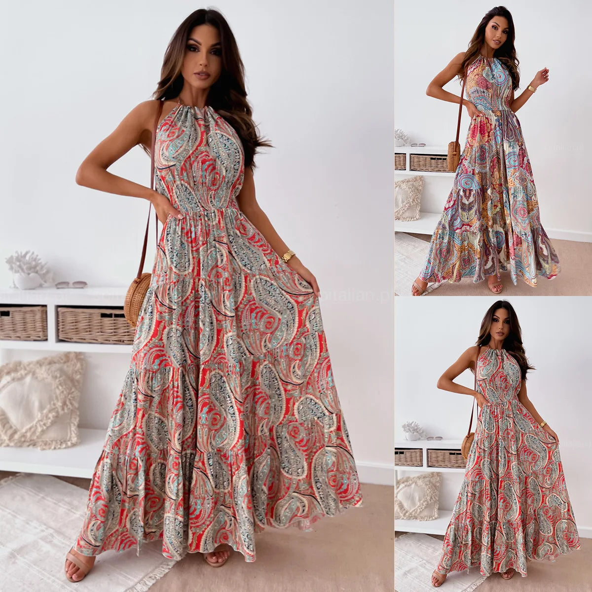 2024 New Women's Printed Tight Waist Fashion Dress Bohemian Open Back Beach Long Dress