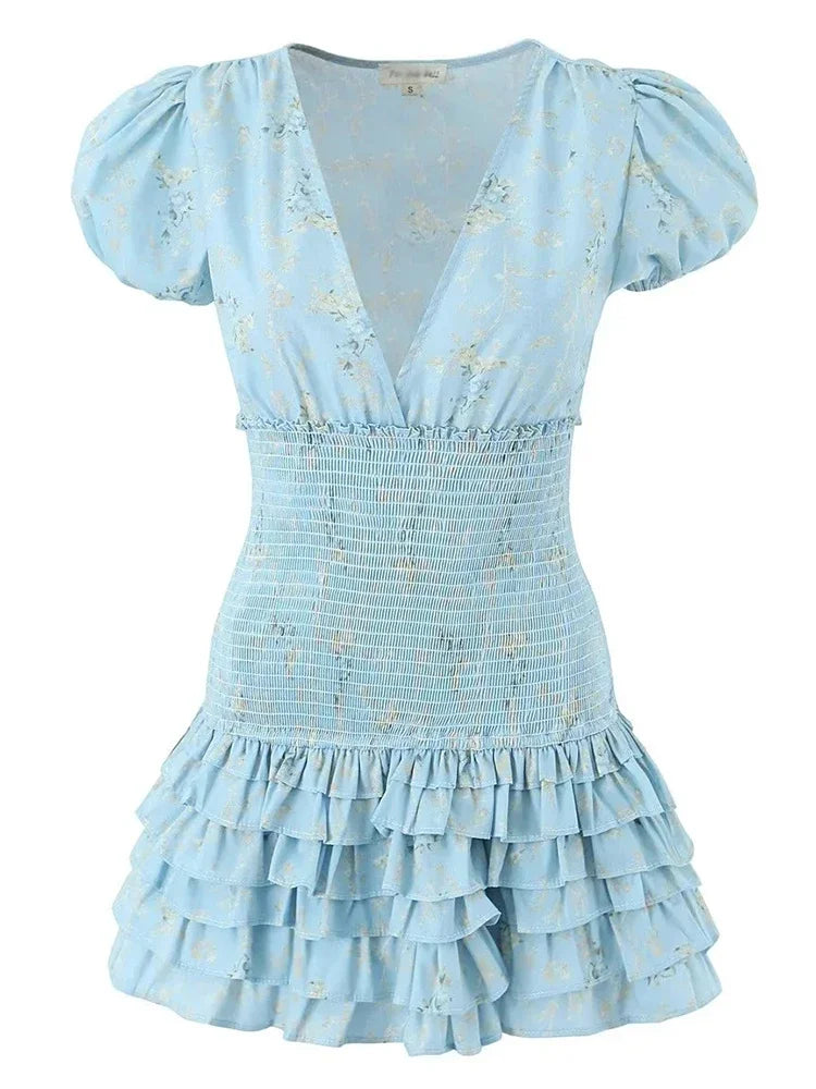 GypsyLady Floral Printed Chic Boho Mini Dresss Cotton V-neck Ruffles Blue Holiday Women Tiered Ladies Party Dresses Vestidos New