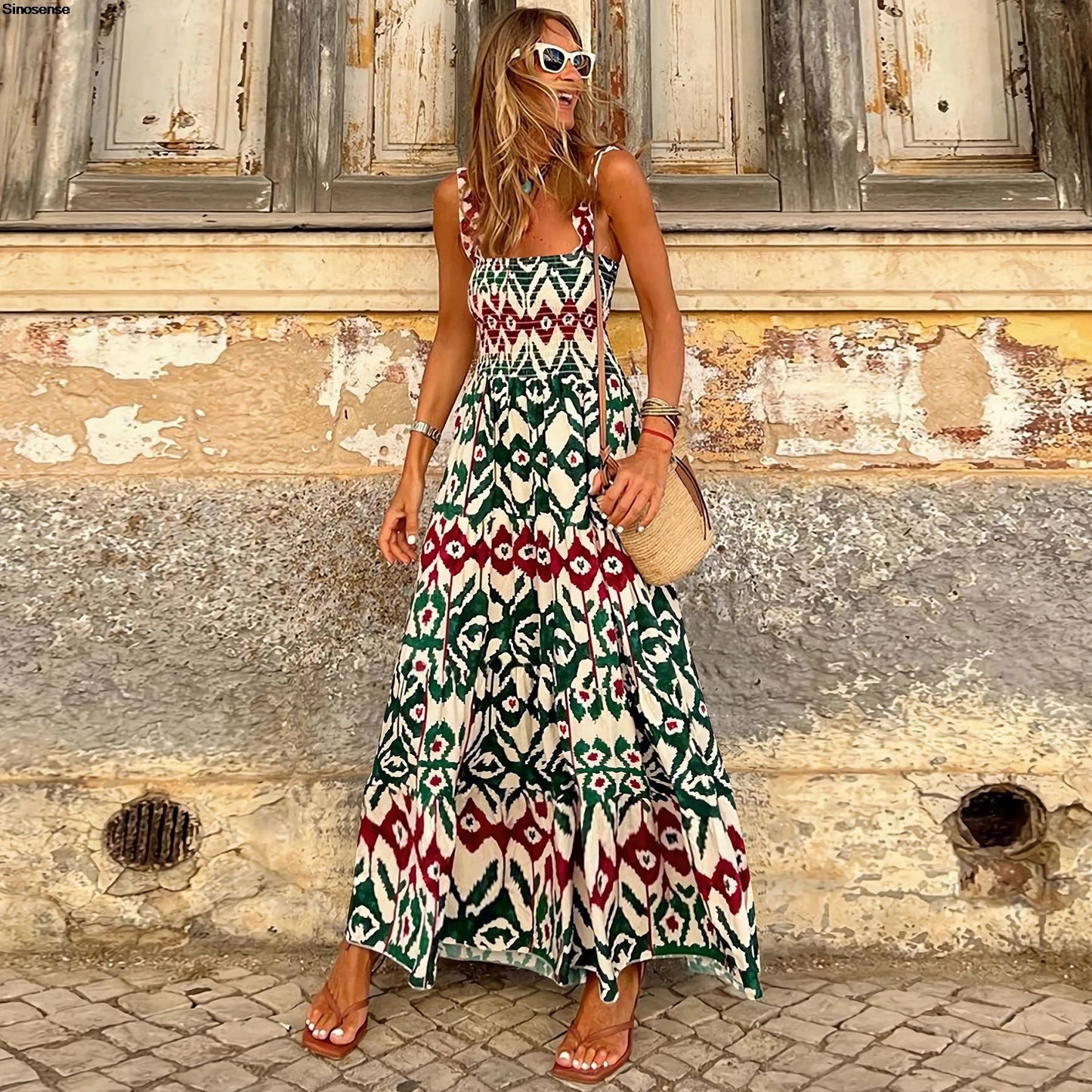 Womens Summer Boho Dress Casual Floral Print Spaghetti Strap Smocked Tiered Beach Party Maxi Dress Long Holiday Vocation Dress