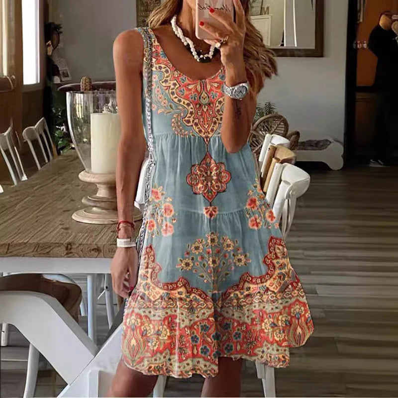 Bohemian Retro Sleeveless Tank Mini Dress 2024 Summer Loose Ruffle Vacation Dress Women O-neck Pattern Print A-line Short Dress