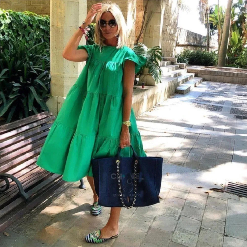 Fashion Boho Oversize A-line Dress For Women 2024 Summer Casual O-neck Ruffles Sleeve Solid Color Holiday Beach Midi Dresses