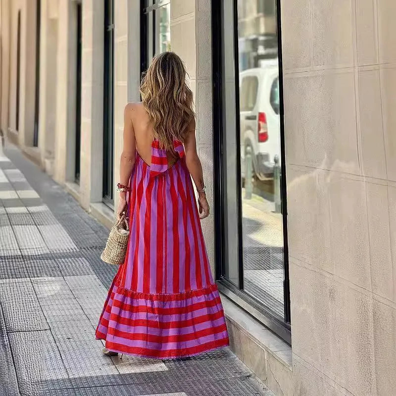 Stripe Print Halter Neck Long Dresses Women Fashion Backless Leace-up Casual Loose Vacation Style Dress Lady Commuting Vestidos