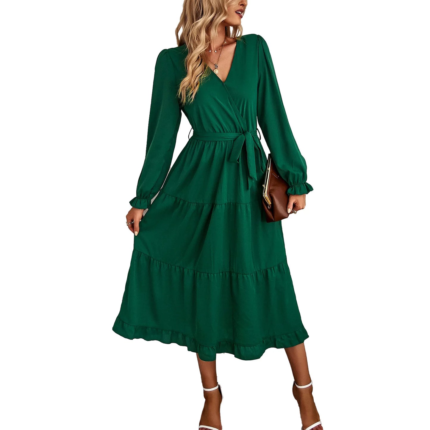 Elegant Women Pink Autumn Long Dresses V Neck Long Sleeve Ruffles Hem Lace Up Wine Red Party Evening Maxi Dress Vestidos Robes