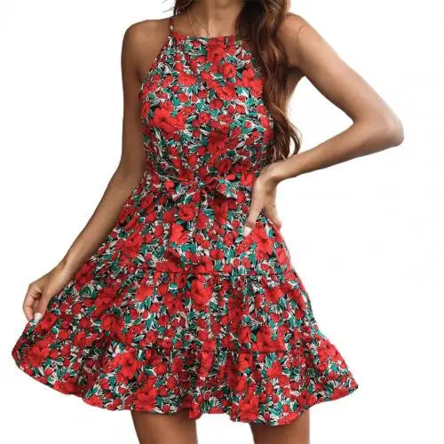 New Pastoral Style Summer Dress Sleeveless Women Dress High Waist Party Dress Halter Floral Print Short Length Dress vestidos