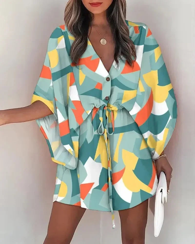 Women Summer Clothing Flying Sleeves V-neck Lace Up Floral Printed Beachwear Waisted Button Up Loose Geometric Dresses 3xl