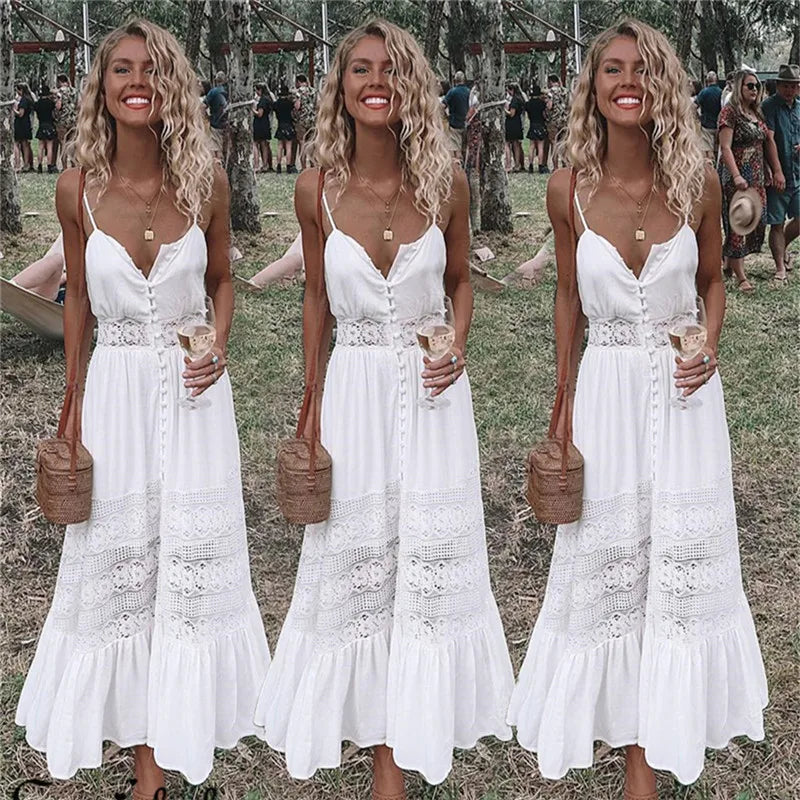 Womens Holiday Strappy Button Lace Ladies Summer Beach Midi Swing Sun Dress