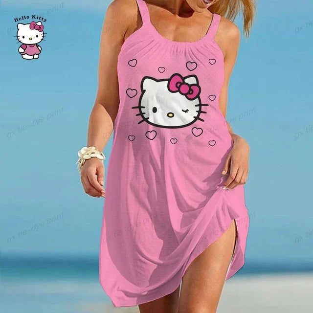 Hello Kitty Printed Vestidos Women Short Sleeves O Neck Midi Dresses A Line Bohemian Summer White Elegant Beach Dress