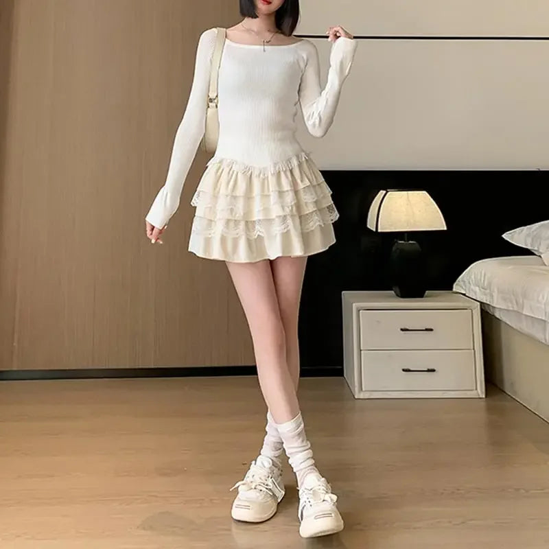 Cute Lace Mini Skirt for Women Spring Summer High-waisted A-line Pleated Elastic Waist Cake Skirt Sweet Style Clothing