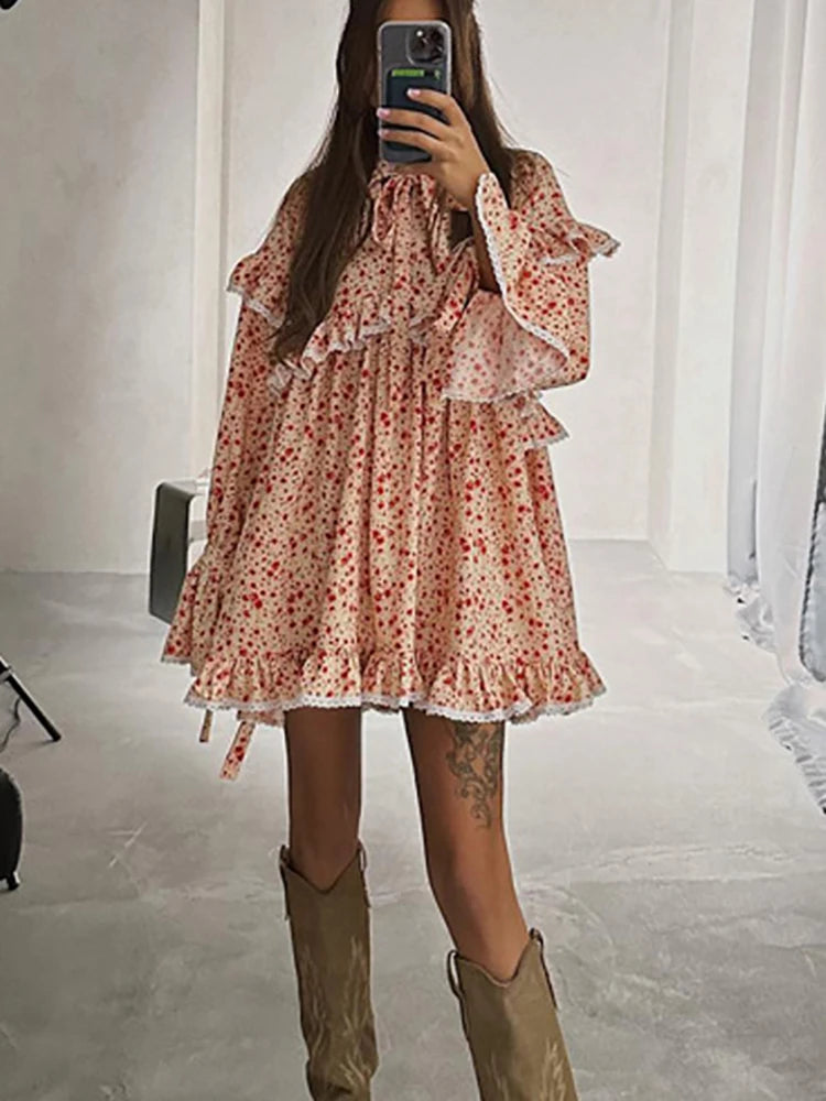 Print Mini Dress Women Retro Print Dress Female Stand Collar Lace Up Long Sleeve Dress Ladies Elegant Ruffle Dress Summer