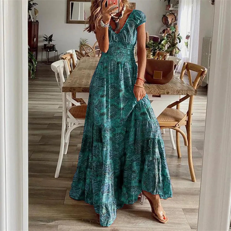 2024 Summer Fashion New Boho Printed Dress Ladies Elegant Deep V Neck Elastic Waist Oversize Hem Long Skirt Resort Style Dress