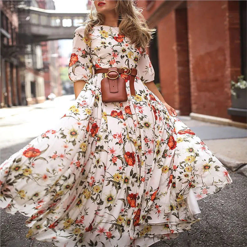 Spring Summer Vintage Floral Printed Maxi Dress Fashion Office Lady Fashion Elegant Long Sleeve O-neck Elegant Dresss For Women