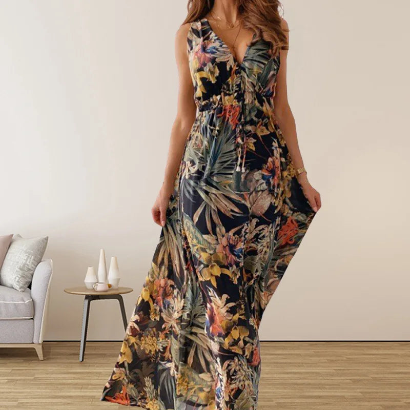 Amazon Foreign Trade Europe and America Women's Wear 2024 Summer New Fashion Casual Print Open Back Tie up Dress for Women