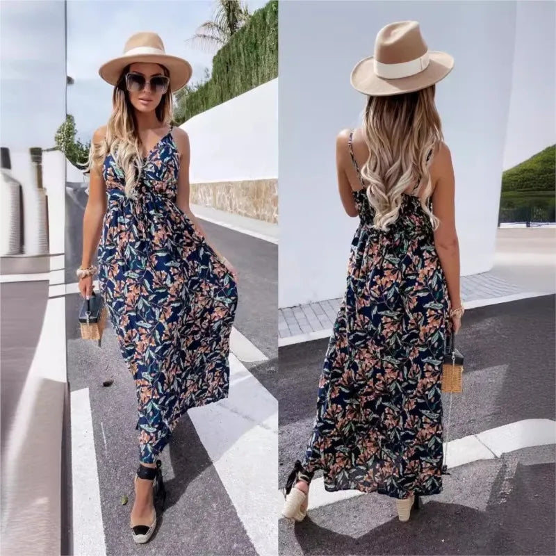 202 Spring/Summer New Printed Bohemian Long Dress V-neck Sleeveless Strap Dress for Women