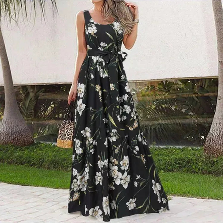 2024 Women's Summer Sleeveless Print Long Dresses Bohemian Slim Lace Up Big Hem Pleated Dress Vintage Vacation Maxi Dress Femme