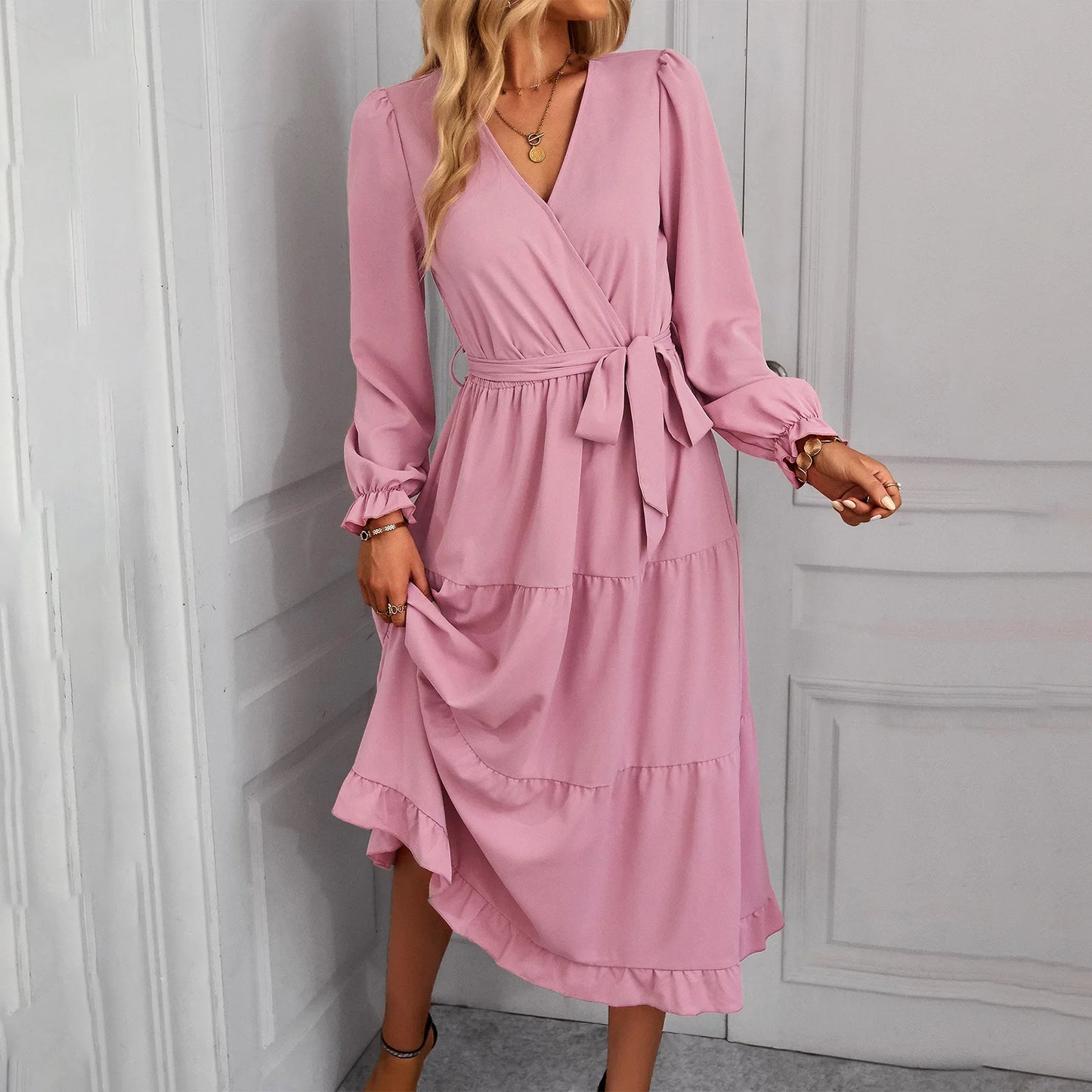 Elegant Women Pink Autumn Long Dresses V Neck Long Sleeve Ruffles Hem Lace Up Wine Red Party Evening Maxi Dress Vestidos Robes