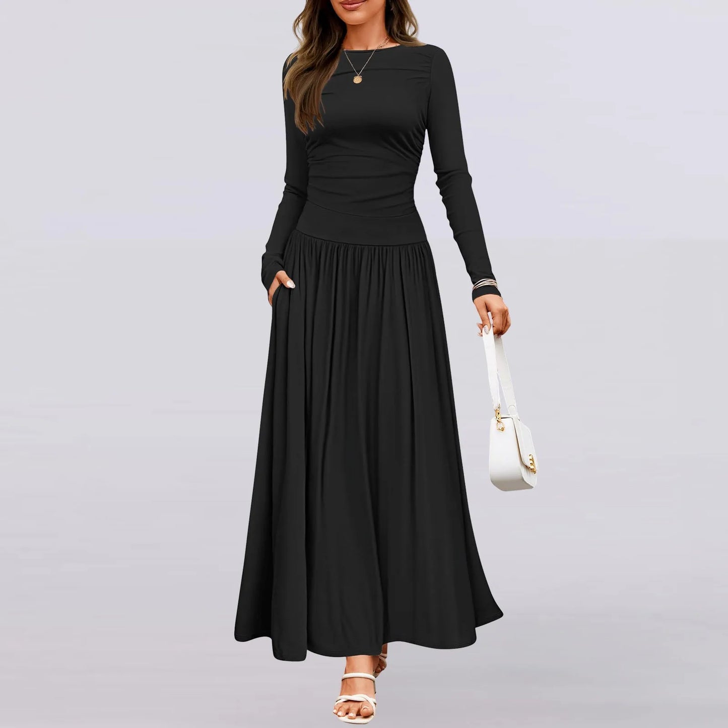 Solid Patchwork Folds Slimming Dresses For Women Round Neck Long Sleeve High Waist Minimalist Temperament Dress Female