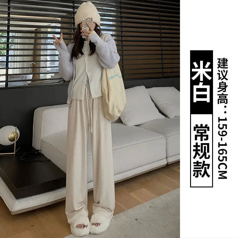 Knitted Pants Women Solid High-waisted Casual Trousers Wide Leg Loose All-match Daily Tender Simple Autumn Spring Lace-up Chic