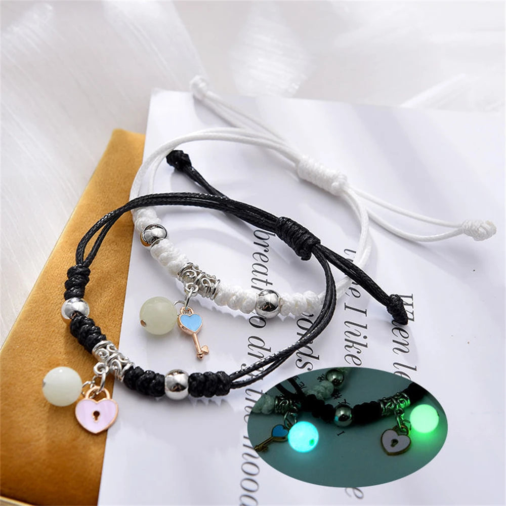 2pcs Luminous Cat Star Moon Cross Charms Bracelet Set Couple Adjustable Woven Rope Friendship Bracelet For Women Men Summer Gift