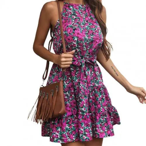 New Pastoral Style Summer Dress Sleeveless Women Dress High Waist Party Dress Halter Floral Print Short Length Dress vestidos