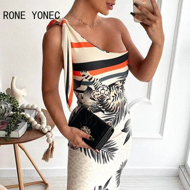 Women Elegant Dress All Over Print One Shoulder Side Slit Maxi Dress Summer Dress