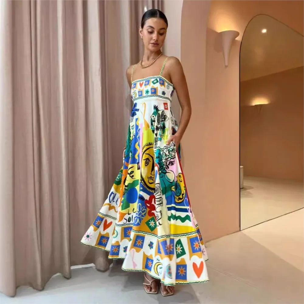 Coconut Tree Print Spaghetti Strap Dress Boho Vacation Style Sleeveles A-line Maxi Slip Dress for Spring Summer Women's Clothing