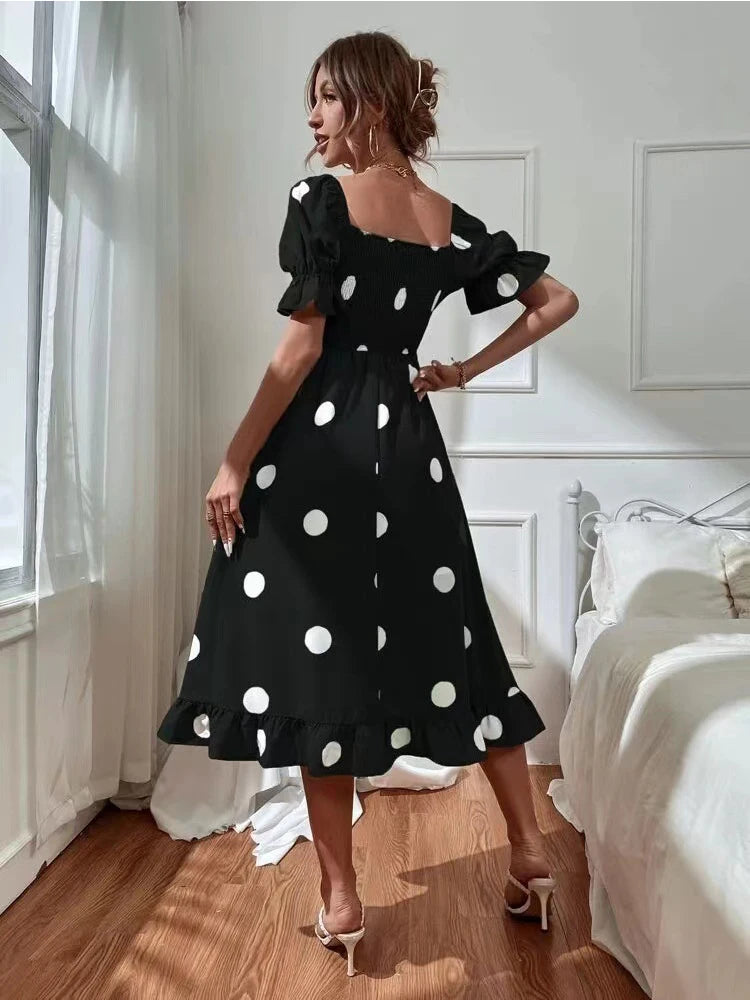 Bohemian Mid-Calf Dress Fashion Polka Dot Print Short Sleeve Dresses Summer Women Square Collar Beach Dress 2024 Spring New